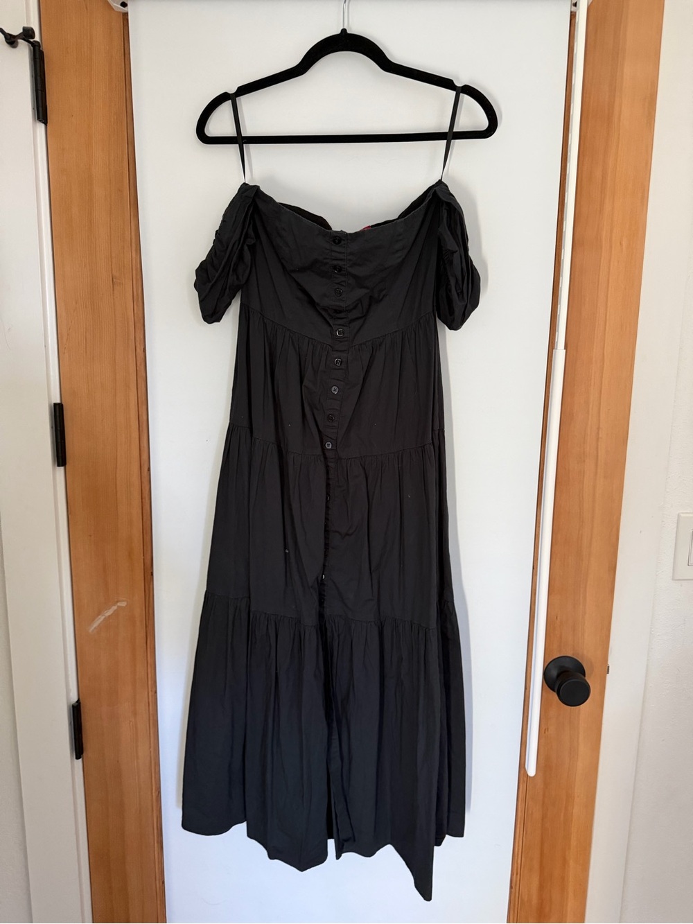 STAUD elio Black Off-Shoulder Button-Tier Midi Dress